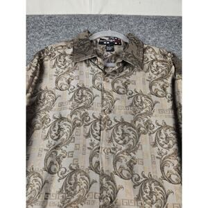 Vintage Royal Prestige Baroque Print Button Up Shirt Gold Brown 2XL